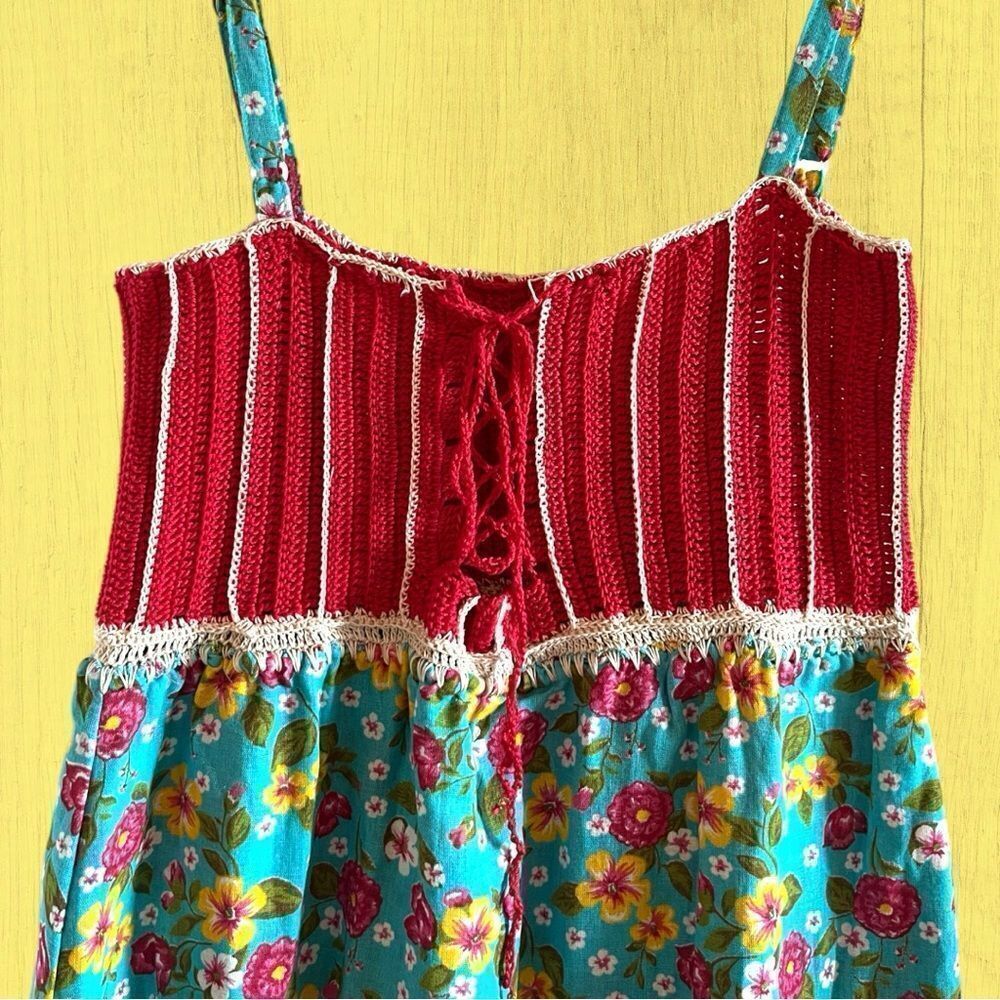 70s vintage crochet lace up dress floral tiered skirt - Picture 5 of 10